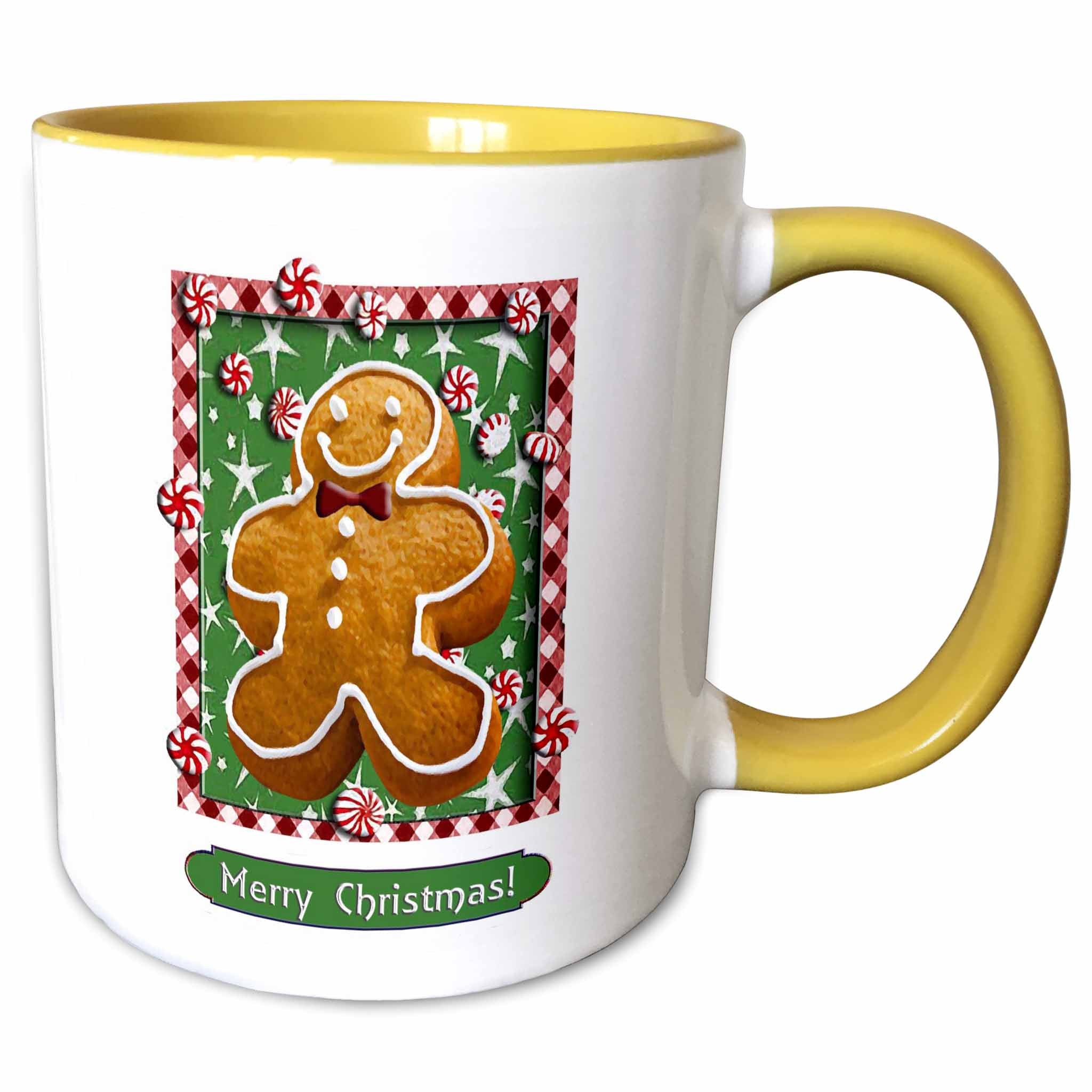 Christmas gingerbread boy mug with green background, yellow rim and handle, “Merry Christmas!”
