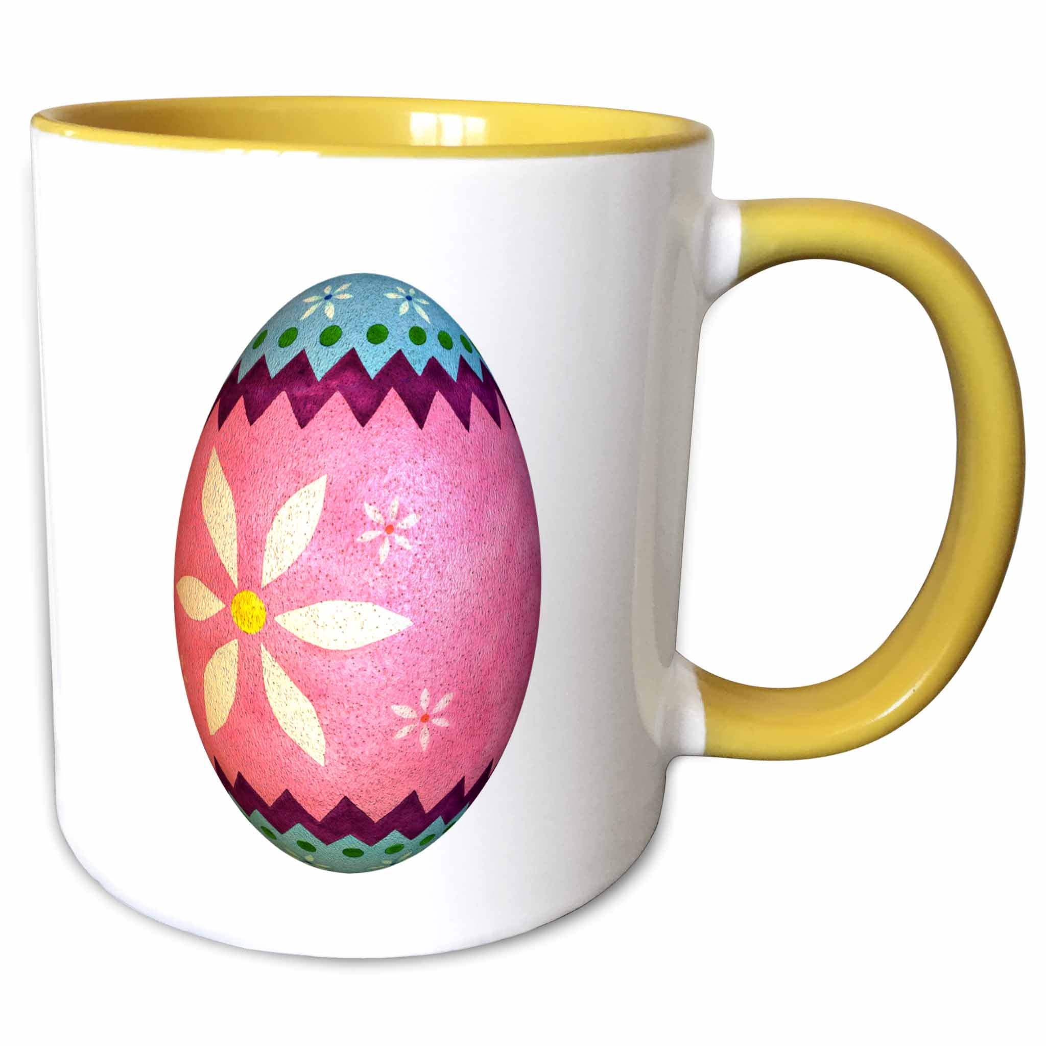 White mug with yellow rim/handle; pink Easter egg floral graphic