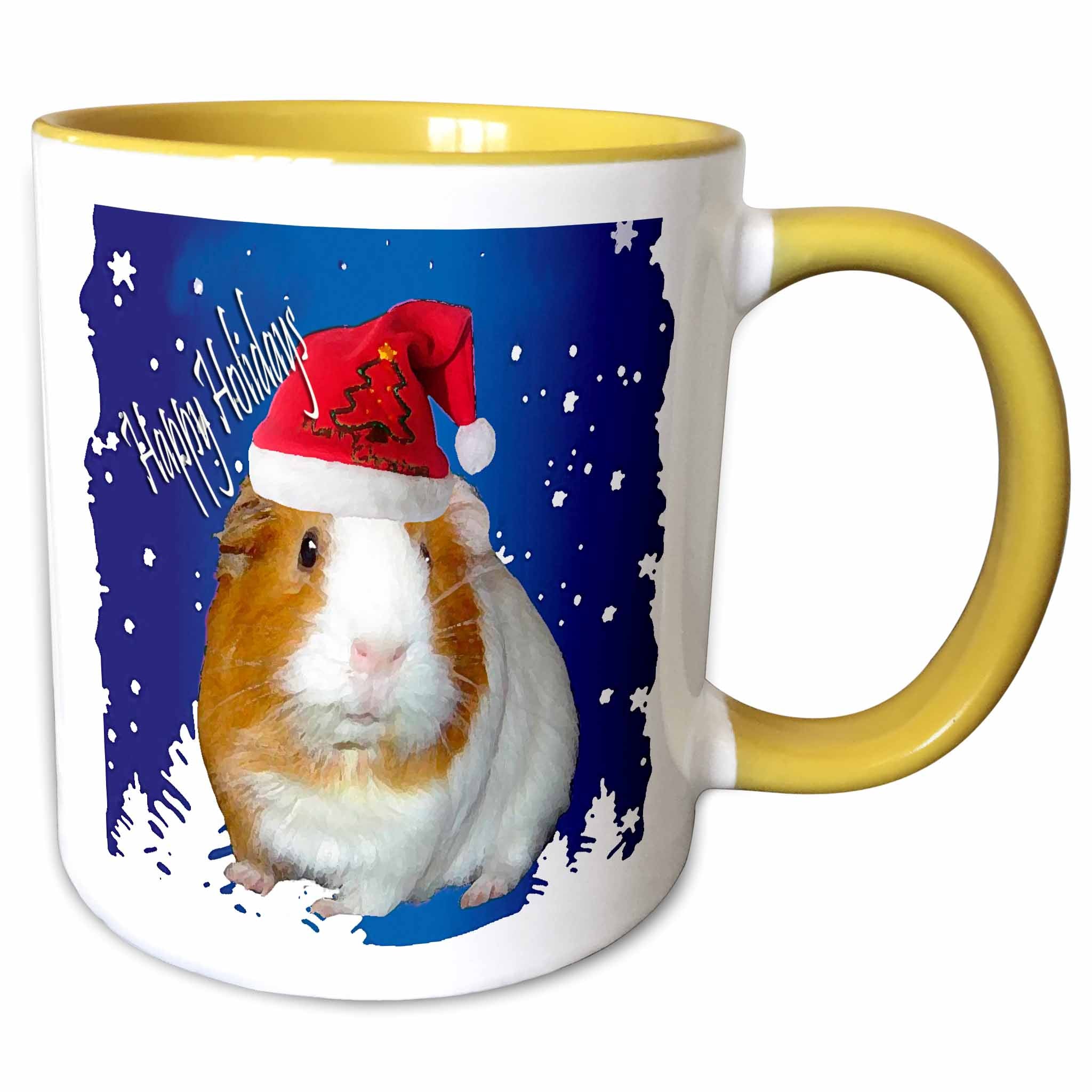 Christmas guinea pig mug with red Santa hat on blue-and-white design, yellow rim and handle