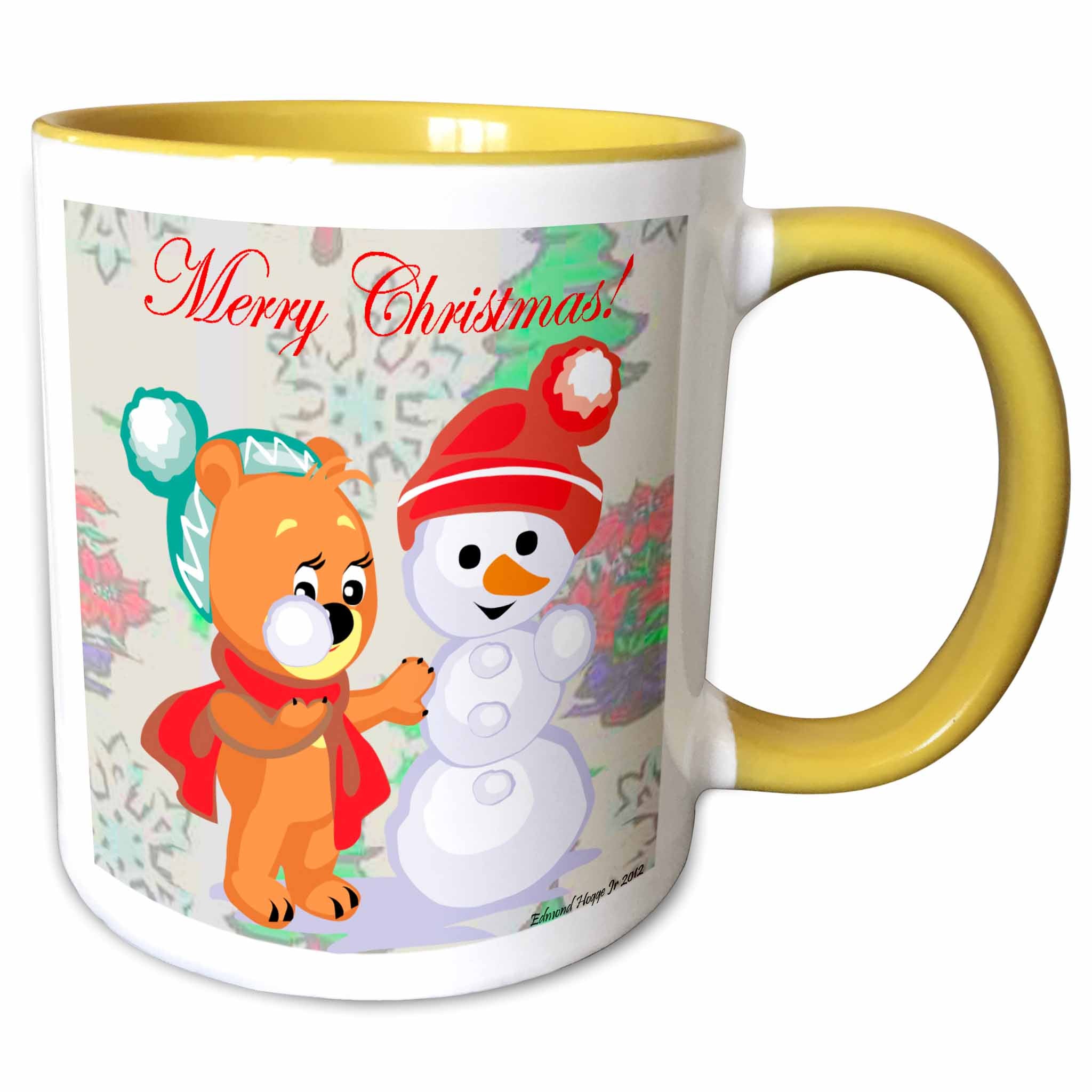 Yellow and white ceramic mug with bear and snowman artwork and 'Merry Christmas!' text