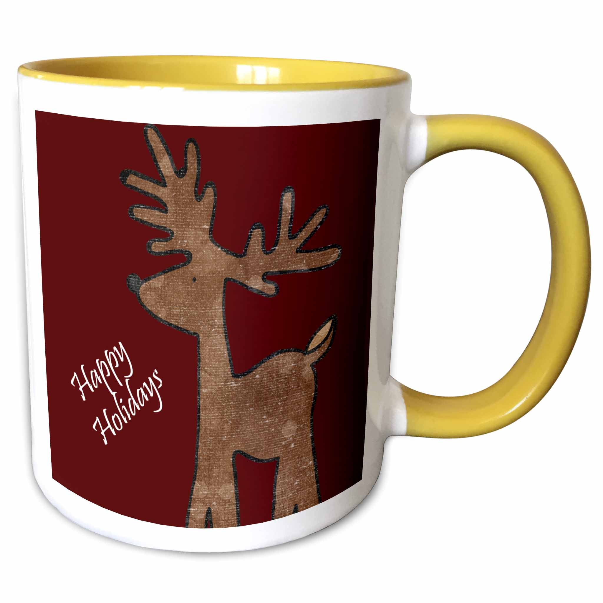 Two-tone Christmas mug with yellow interior and handle, reindeer and “Happy Holidays” art