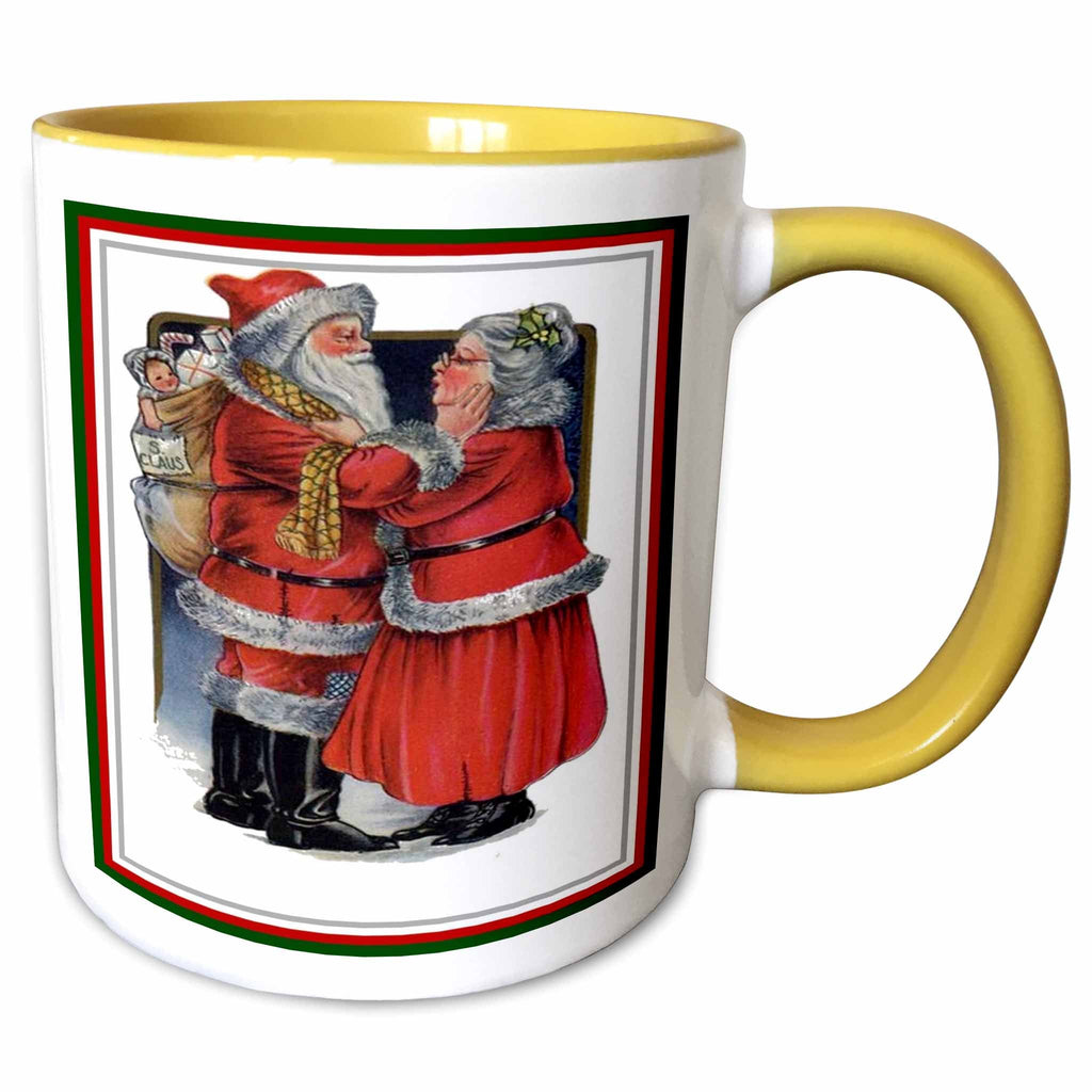 Two-tone yellow coffee mug with vintage-style Santa couple greeting and holding gift