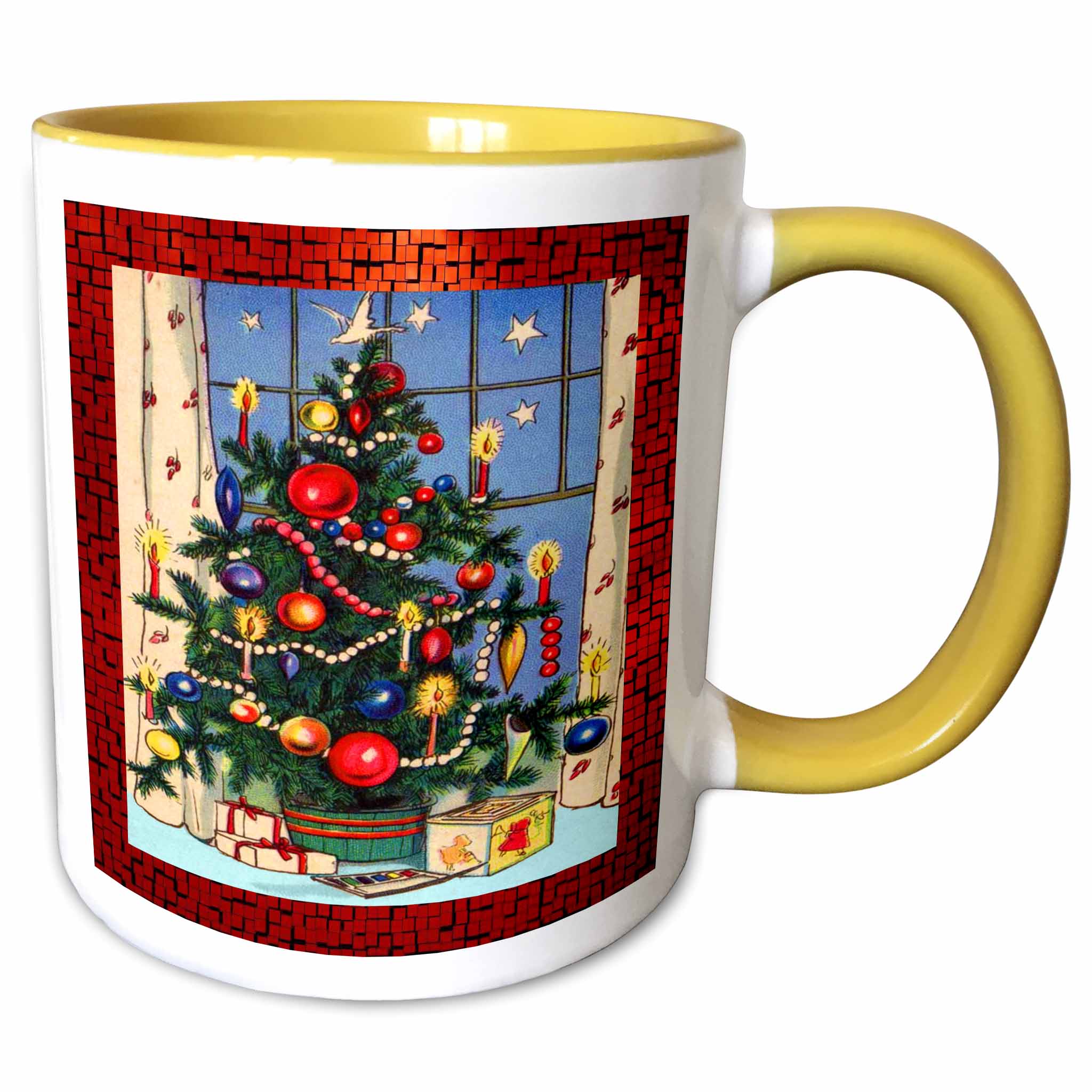 Yellow two-tone Christmas mug with vintage tree and ornament illustration
