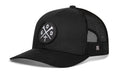 Black trucker snapback cap with circular 10xD cross logo patch and mesh sides