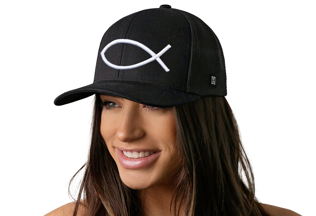Black trucker cap with white ichthys fish logo, front view