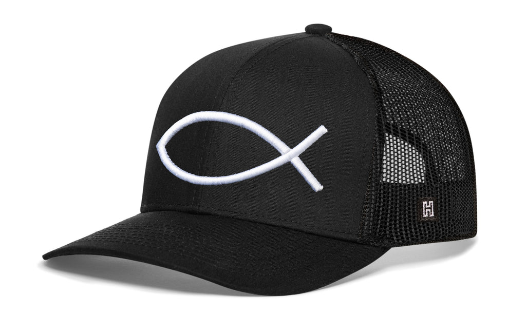 Black trucker cap with white ichthys fish logo and mesh side panels
