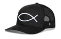 Black trucker cap with white ichthys fish logo and mesh side panels