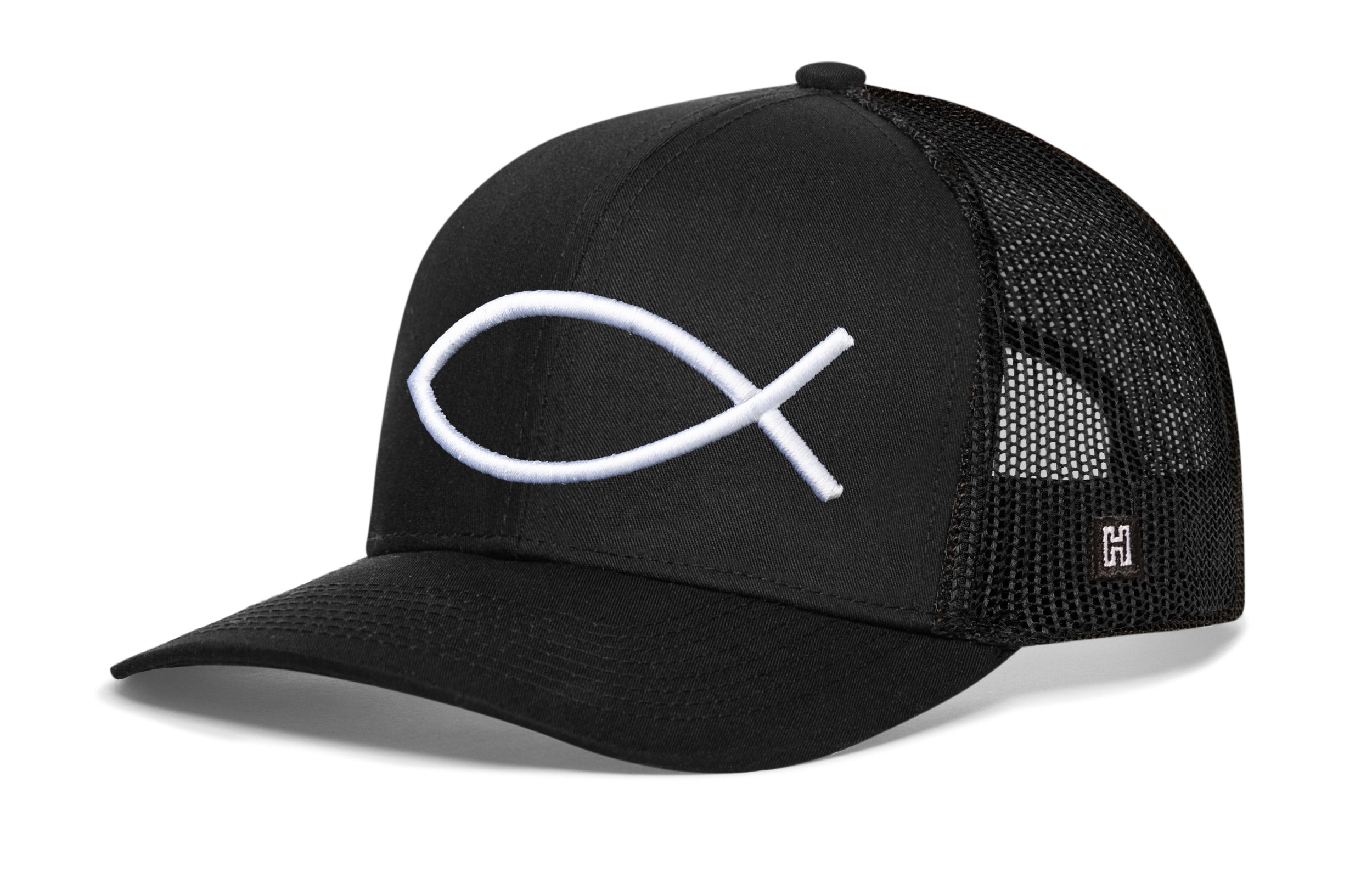 Black trucker cap with white ichthys fish logo and mesh side panels