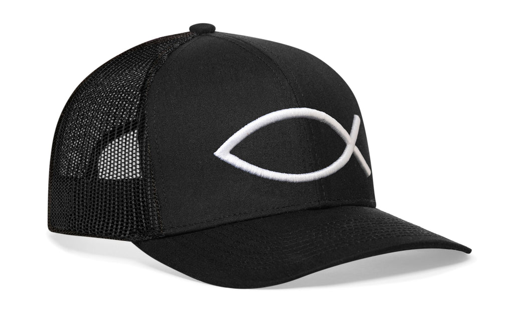 Black trucker cap with white ichthys fish logo, curved brim and mesh