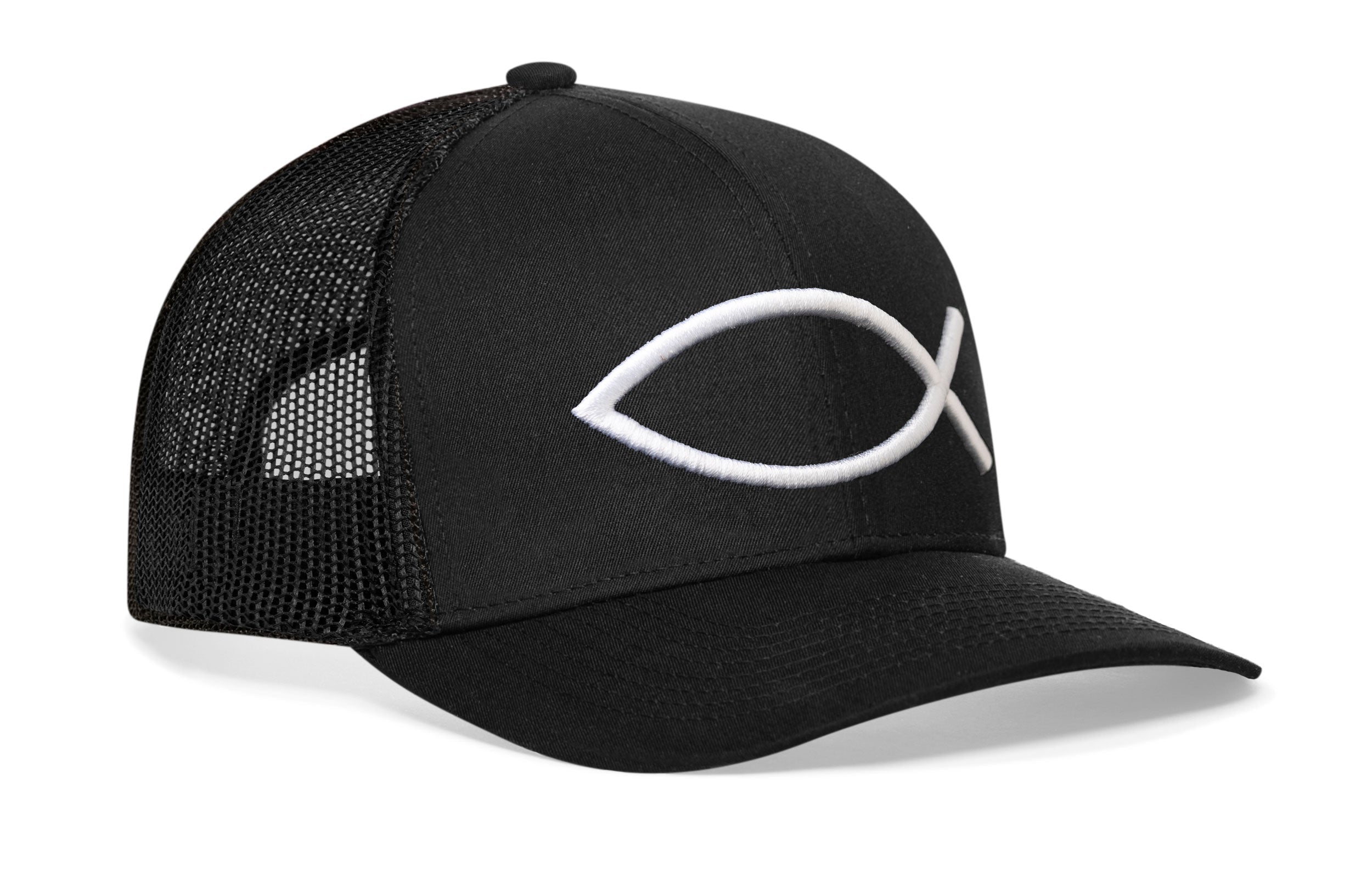 Black trucker cap with white ichthys fish logo, curved brim and mesh