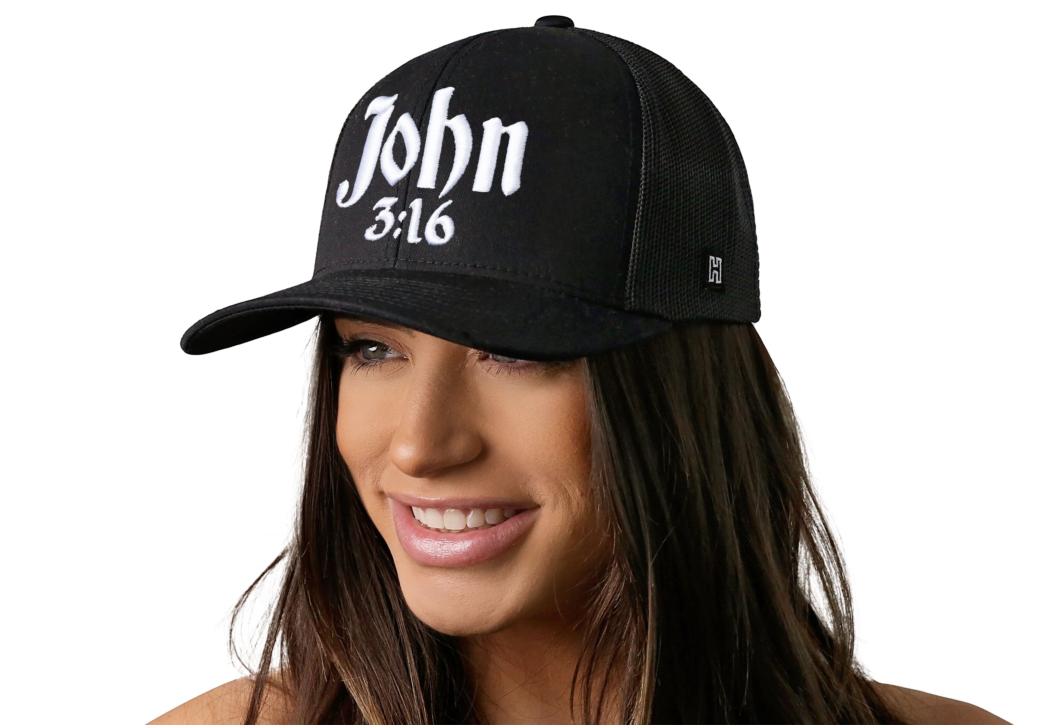 Black trucker cap with John 3:16 3D front design and mesh side panels