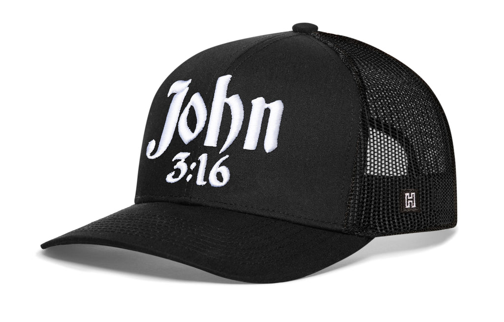 Black trucker cap with 3D John 3:16 front patch and mesh side panels, snapback