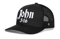 Black trucker cap with 3D John 3:16 front patch and mesh side panels, snapback