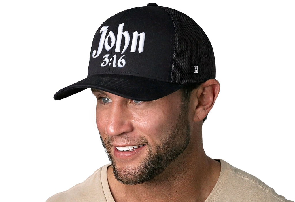 Black trucker cap with John 3:16 3D front design and adjustable snapback