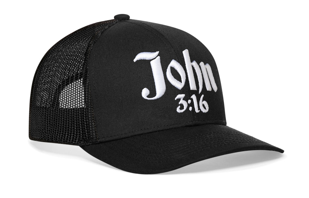 Black trucker cap with mesh side panels and John 3:16 3D front design