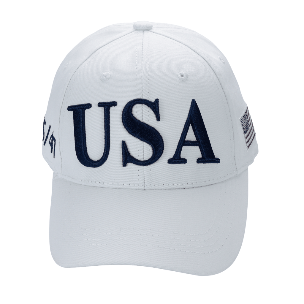 Cotton twill patriot cap, white with navy embroidered "USA" on front