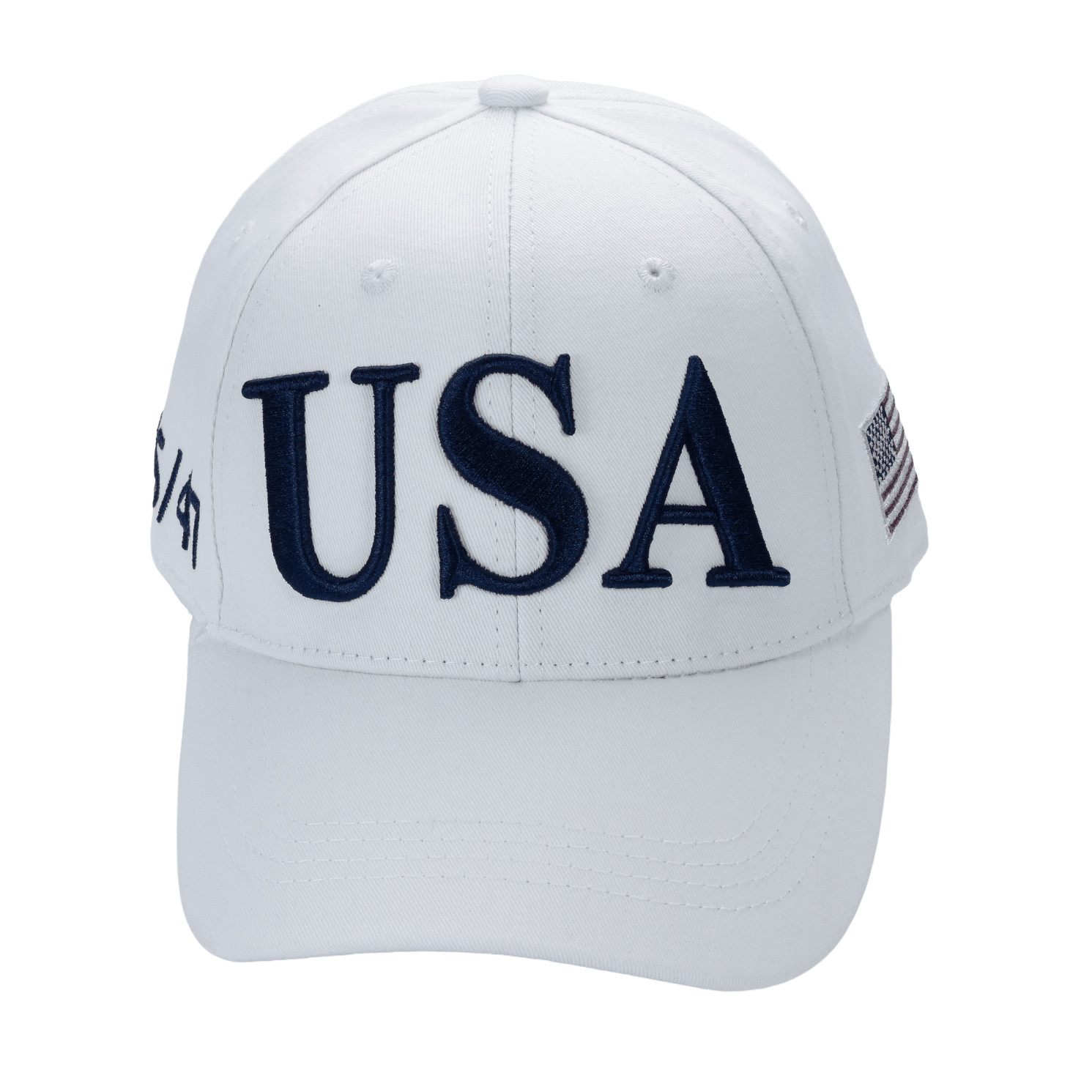 Cotton twill patriot cap, white with navy embroidered "USA" on front