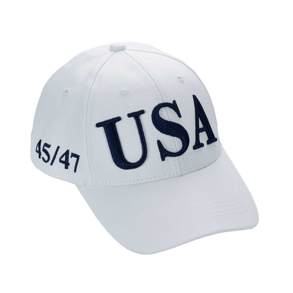 Cotton twill patriot cap, white with navy "USA" embroidery and "45/47" side text