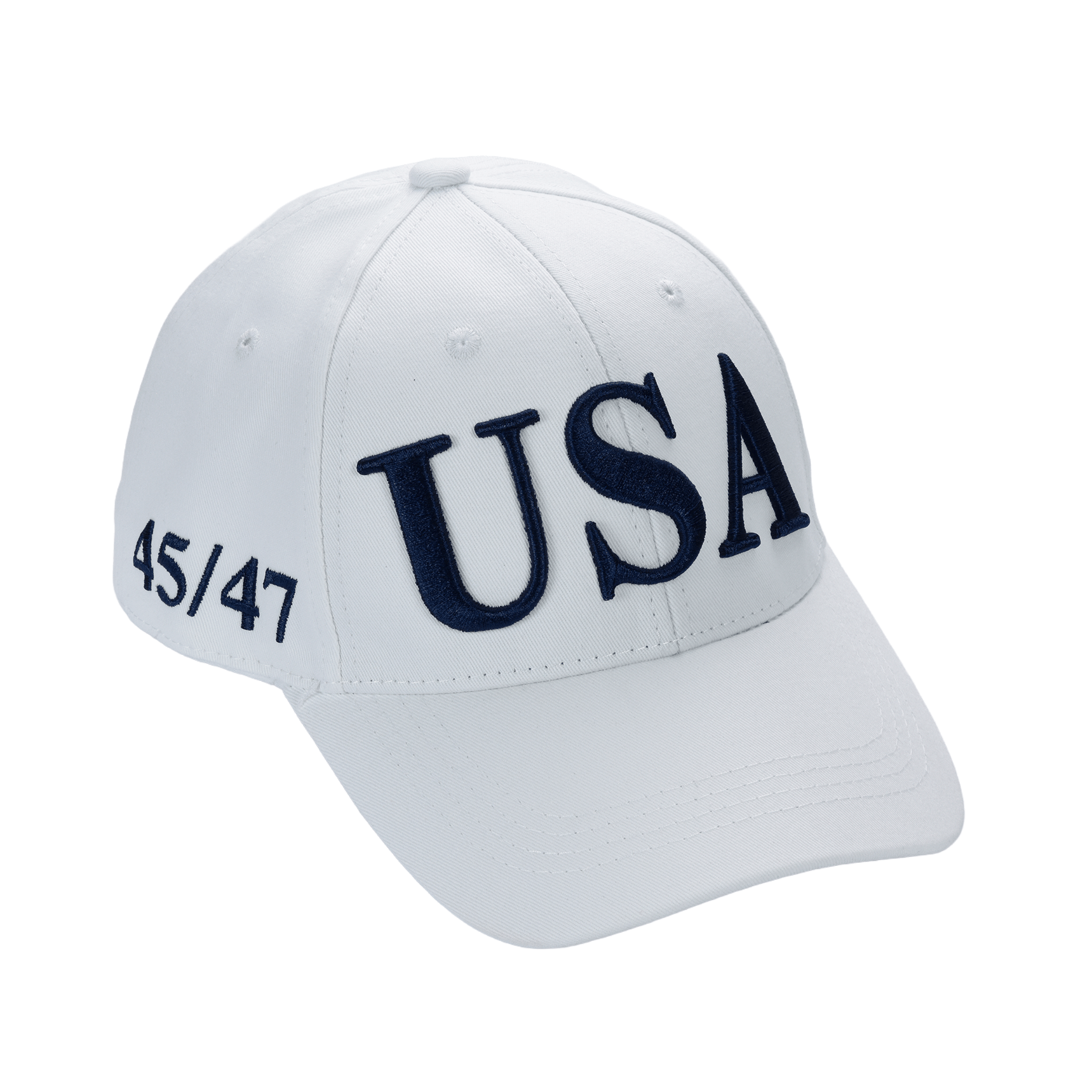 Cotton twill patriot cap, white with navy "USA" embroidery and "45/47" side text