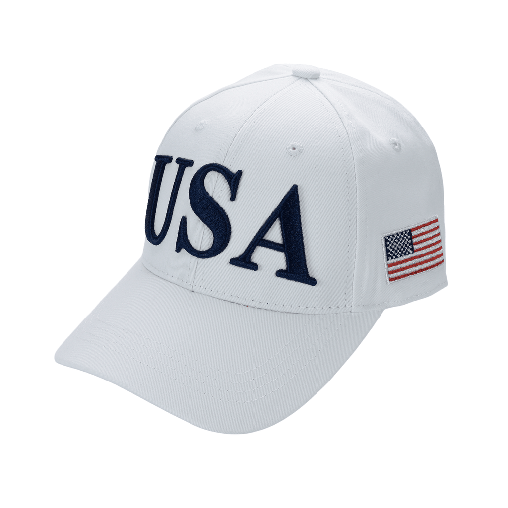 Cotton twill patriot cap, white with navy "USA" embroidery and U.S. flag patch