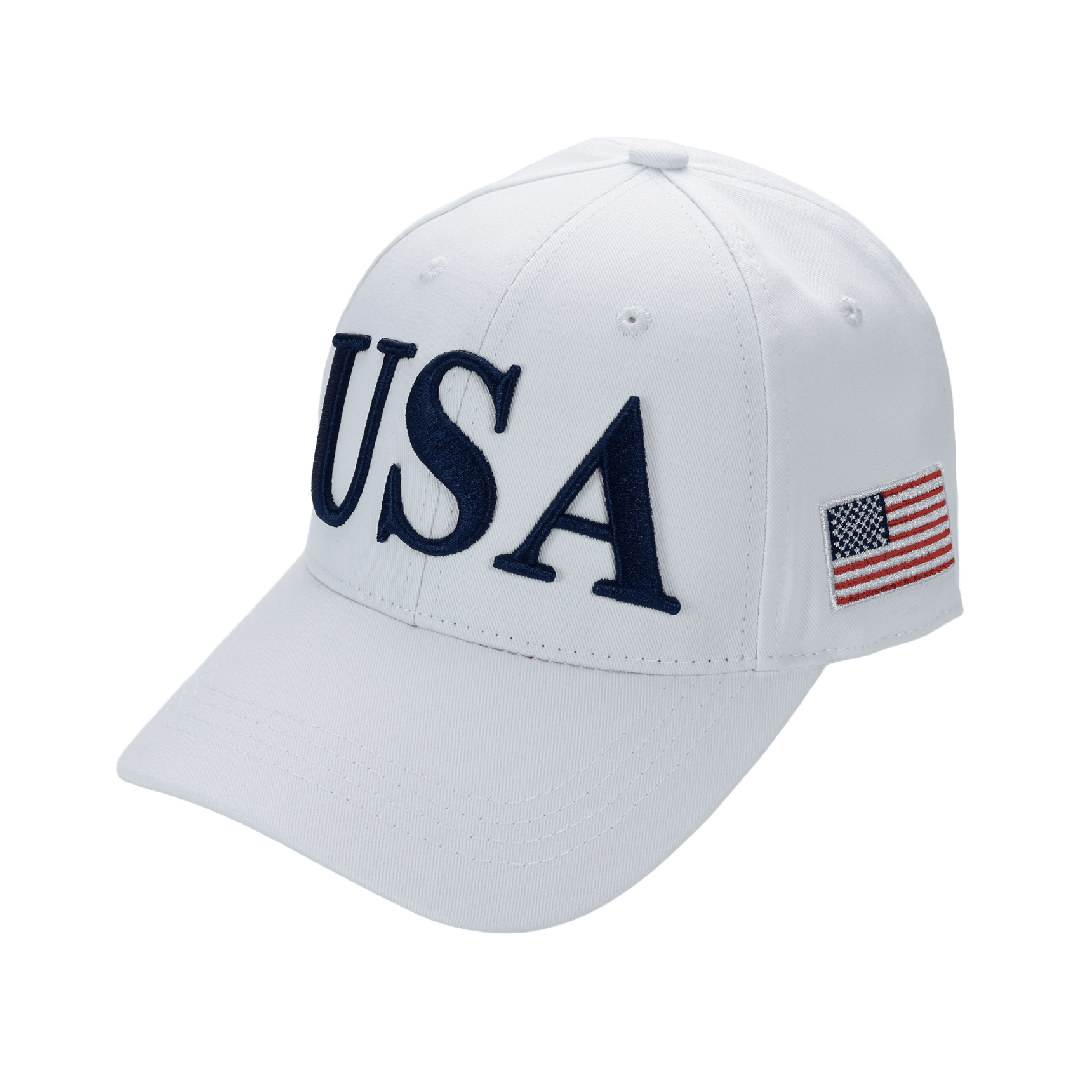 Cotton twill patriot cap, white with navy "USA" embroidery and U.S. flag patch