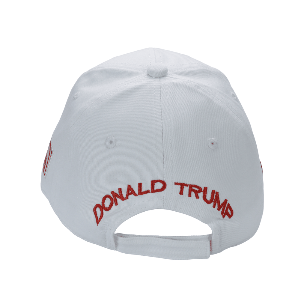 Cotton twill patriot cap, white with red "DONALD TRUMP" text on back