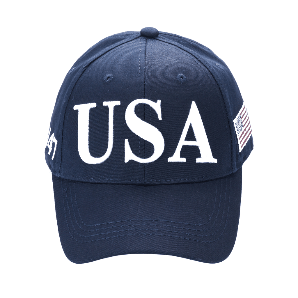 Cotton twill patriot cap, navy with white "USA" embroidery and U.S. flag patch