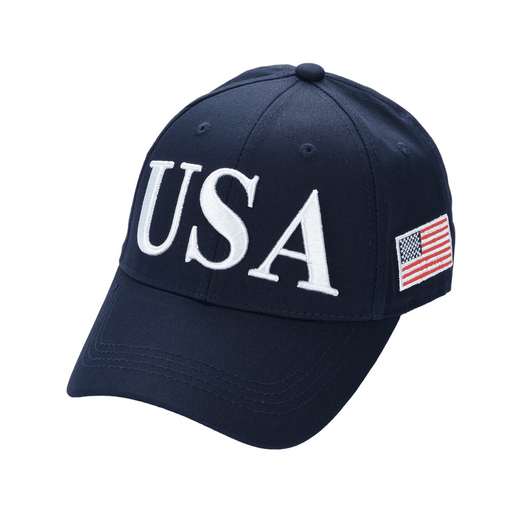 Cotton twill patriot cap, navy with white "USA" embroidery and U.S. flag patch