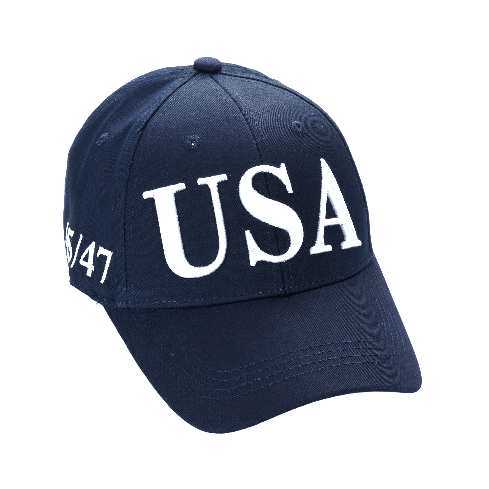 Cotton twill patriot cap, navy with large white "USA" embroidery
