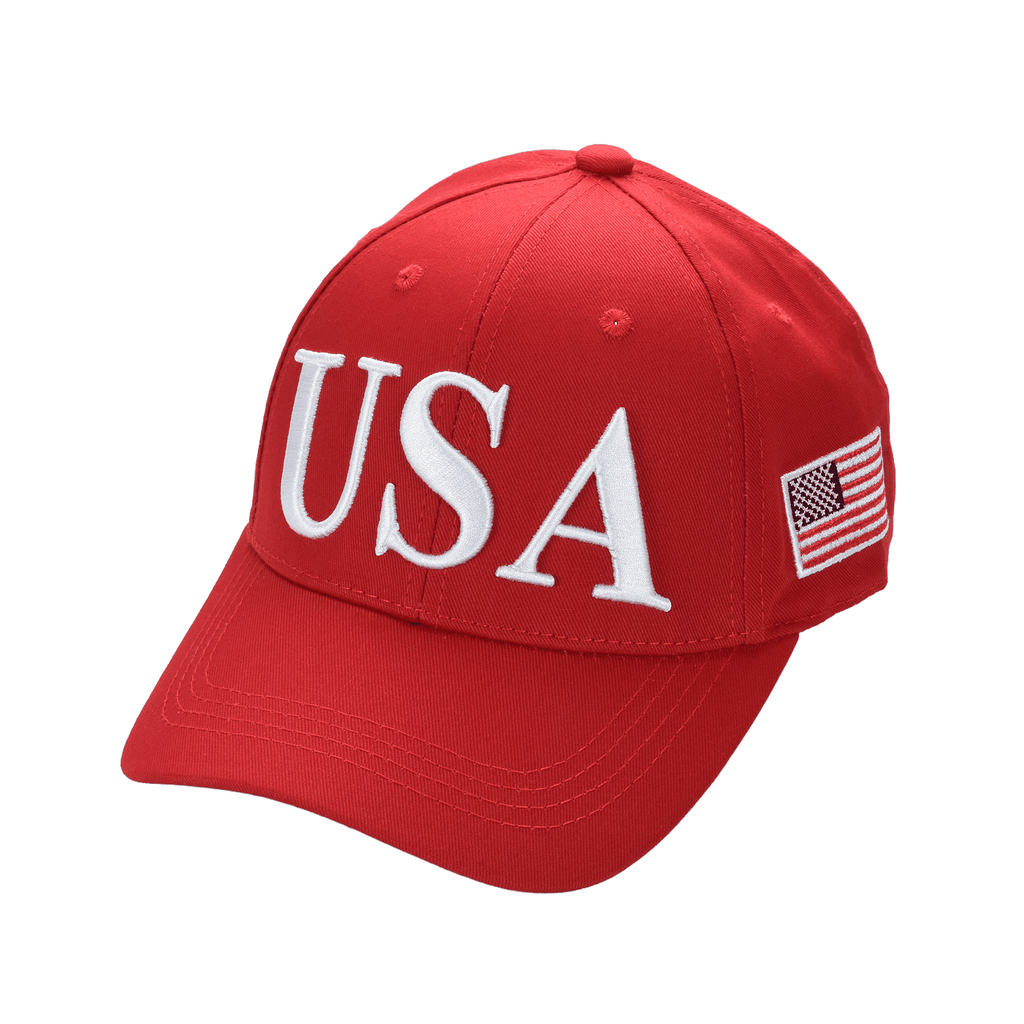 Cotton twill patriot cap, red with white "USA" embroidery and U.S. flag patch