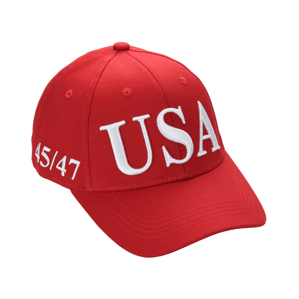 Cotton twill patriot cap, red with white "USA" embroidery and "45/47" side text