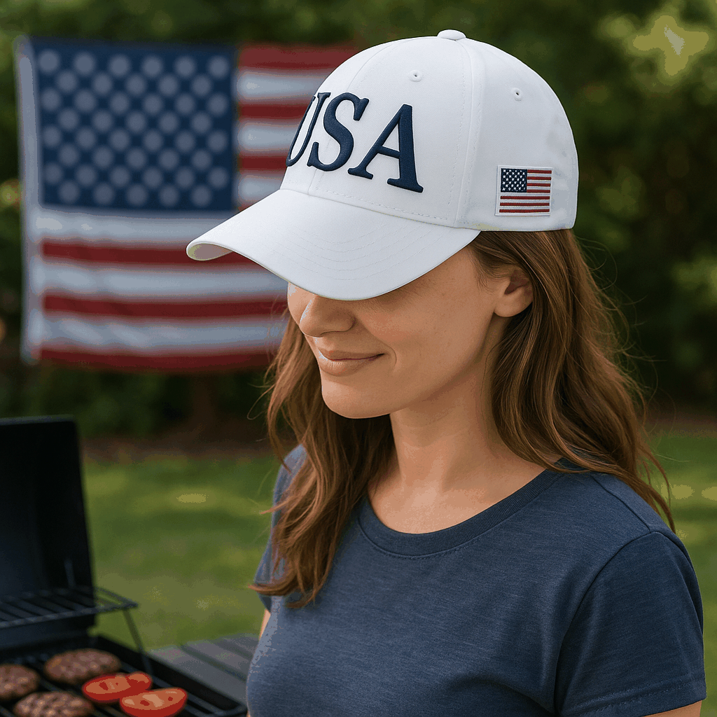 Cotton twill patriot cap, white with "USA" embroidery and small flag patch