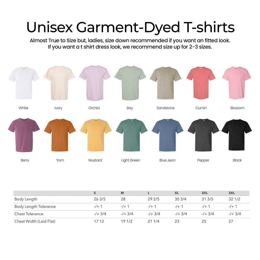 Unisex garment-dyed T-shirt size chart showing color options and measurements.