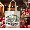 White Christmas tote bag with Merry Christmas text and illustrated holiday cars and penguins
