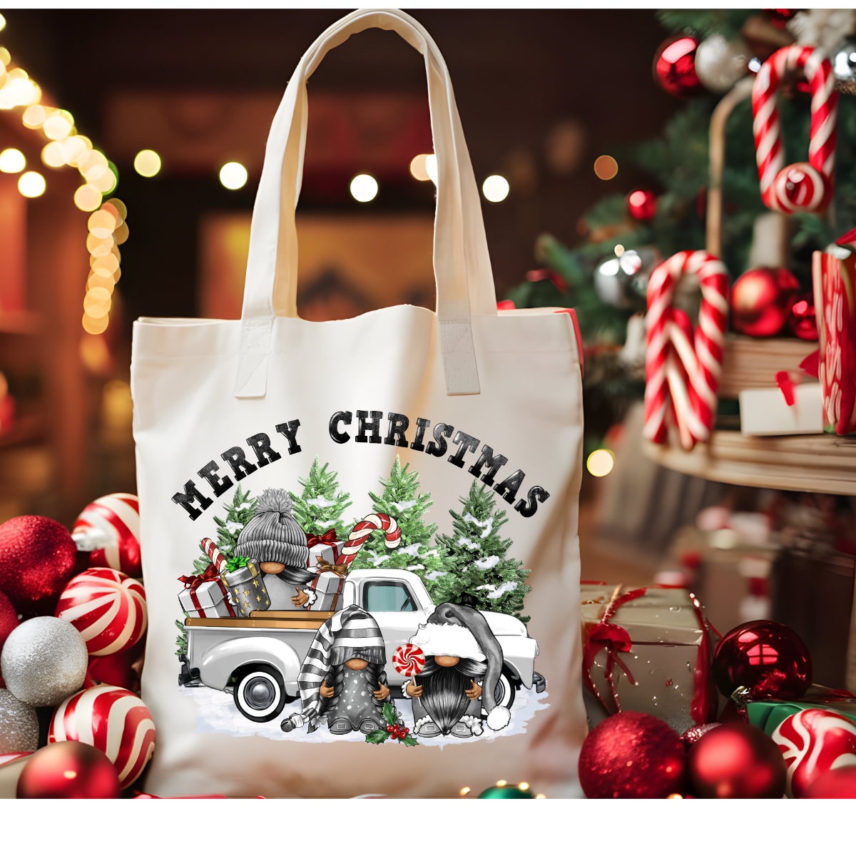 White Christmas tote bag with Merry Christmas text and illustrated holiday cars and penguins