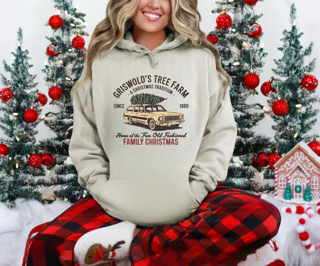Sand-colored hoodie with front graphic, hood, and kangaroo pocket