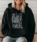 Black hoodie with white scripture graphic and cross symbols on front