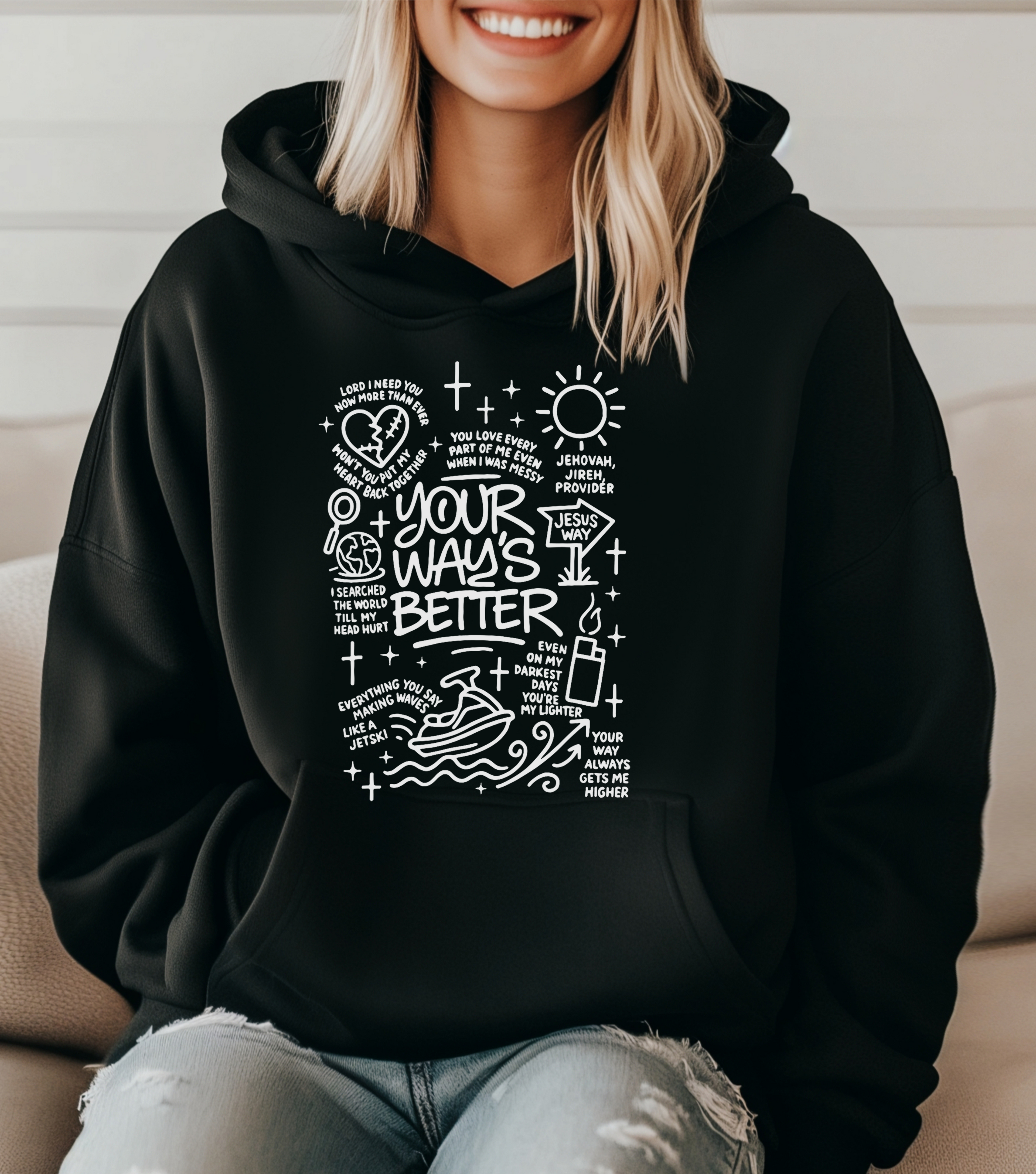 Black hoodie with white scripture graphic and cross symbols on front