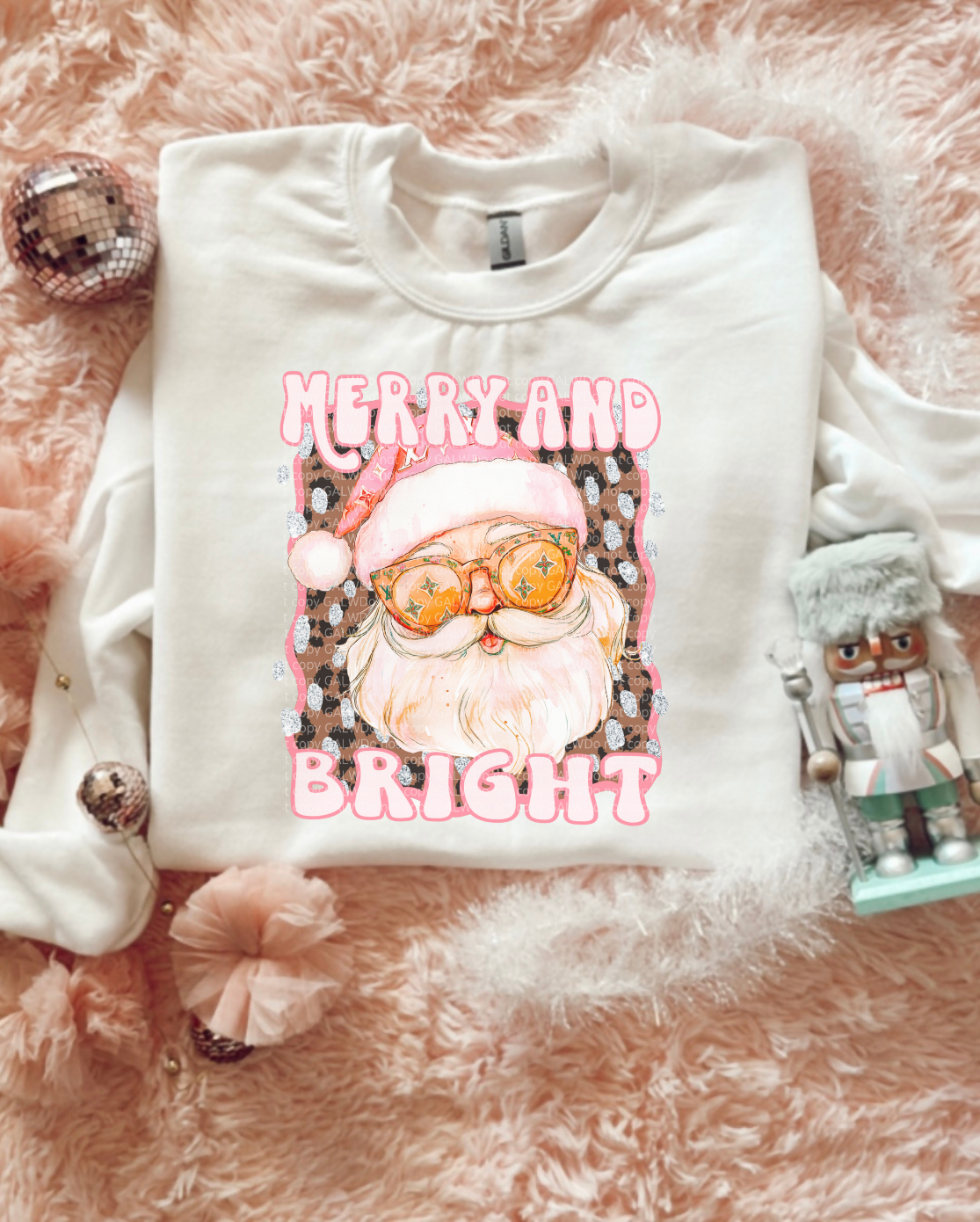 White crewneck tee with Santa in sunglasses graphic reading Merry & Bright front