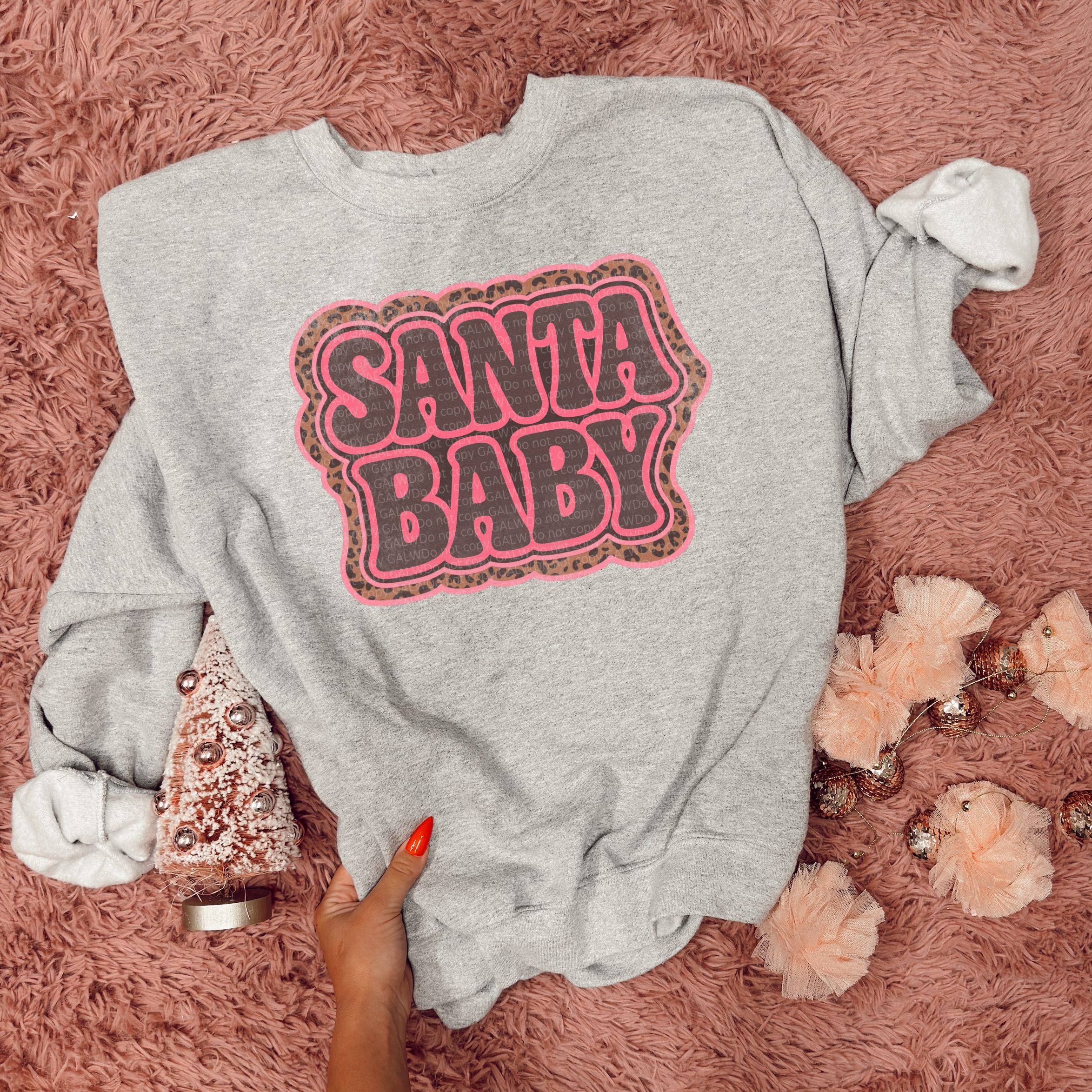 Heather gray sweatshirt with Santa baby leopard graphic in pink and black