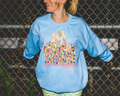 Pastel edition graphic tee, light blue, crew neck, colorful vertical rainbow design