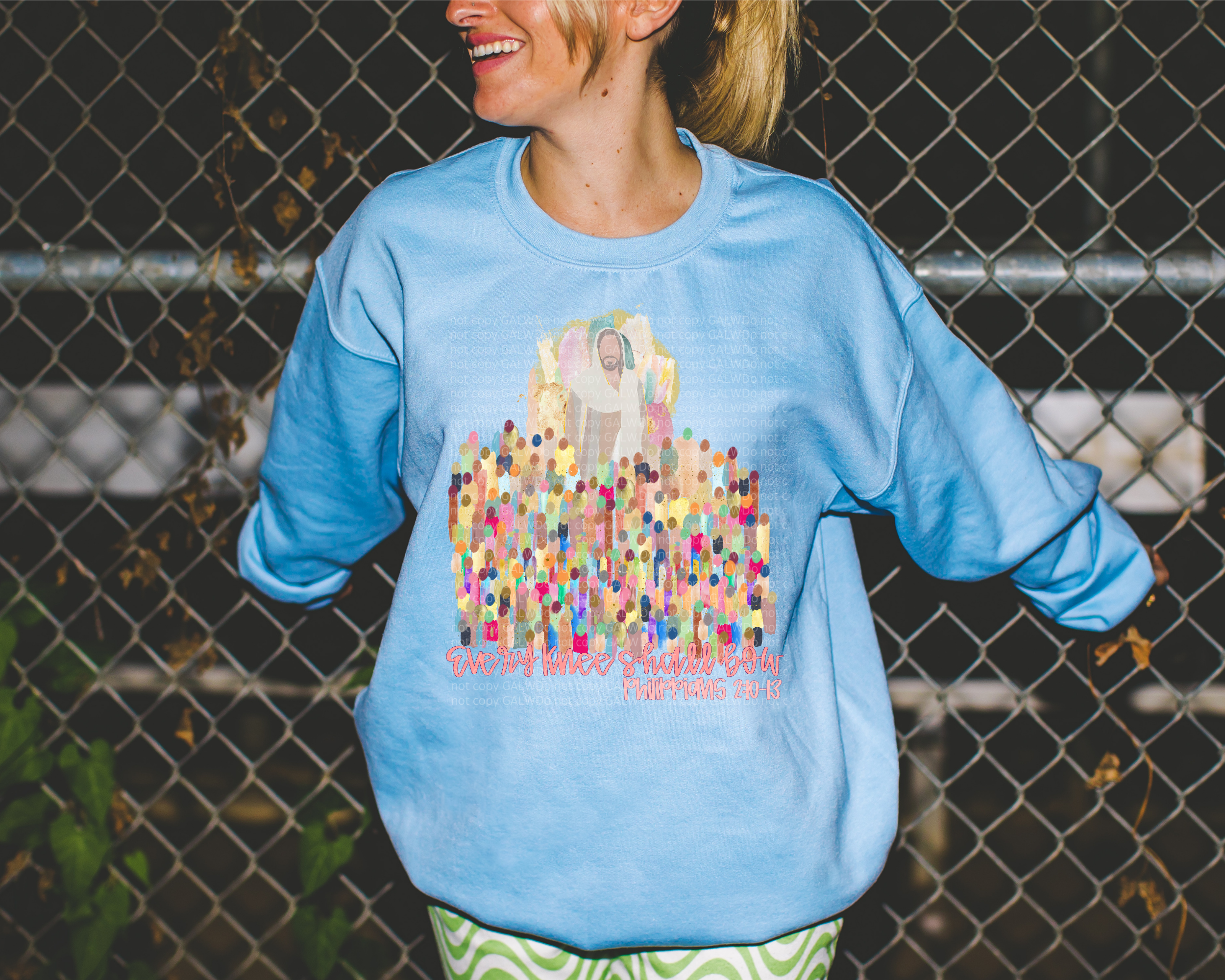 Pastel edition graphic tee, light blue, crew neck, colorful vertical rainbow design