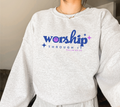 Heather gray sweatshirt with 'worship through it' star logo on front