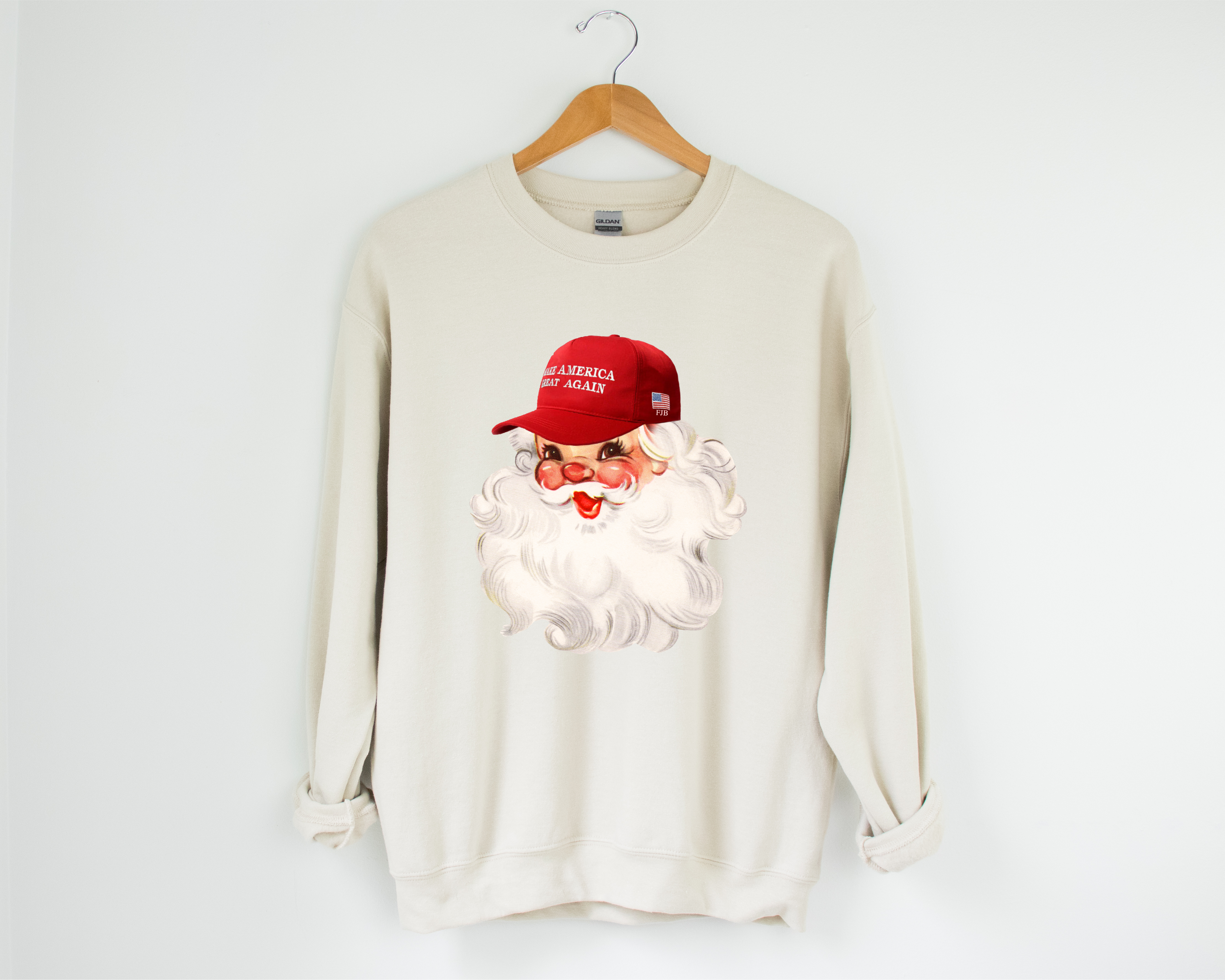 Light sand crewneck sweatshirt with red retro Santa face graphic and beard