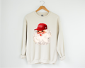 Cream crewneck sweatshirt with red Santa face graphic and white beard