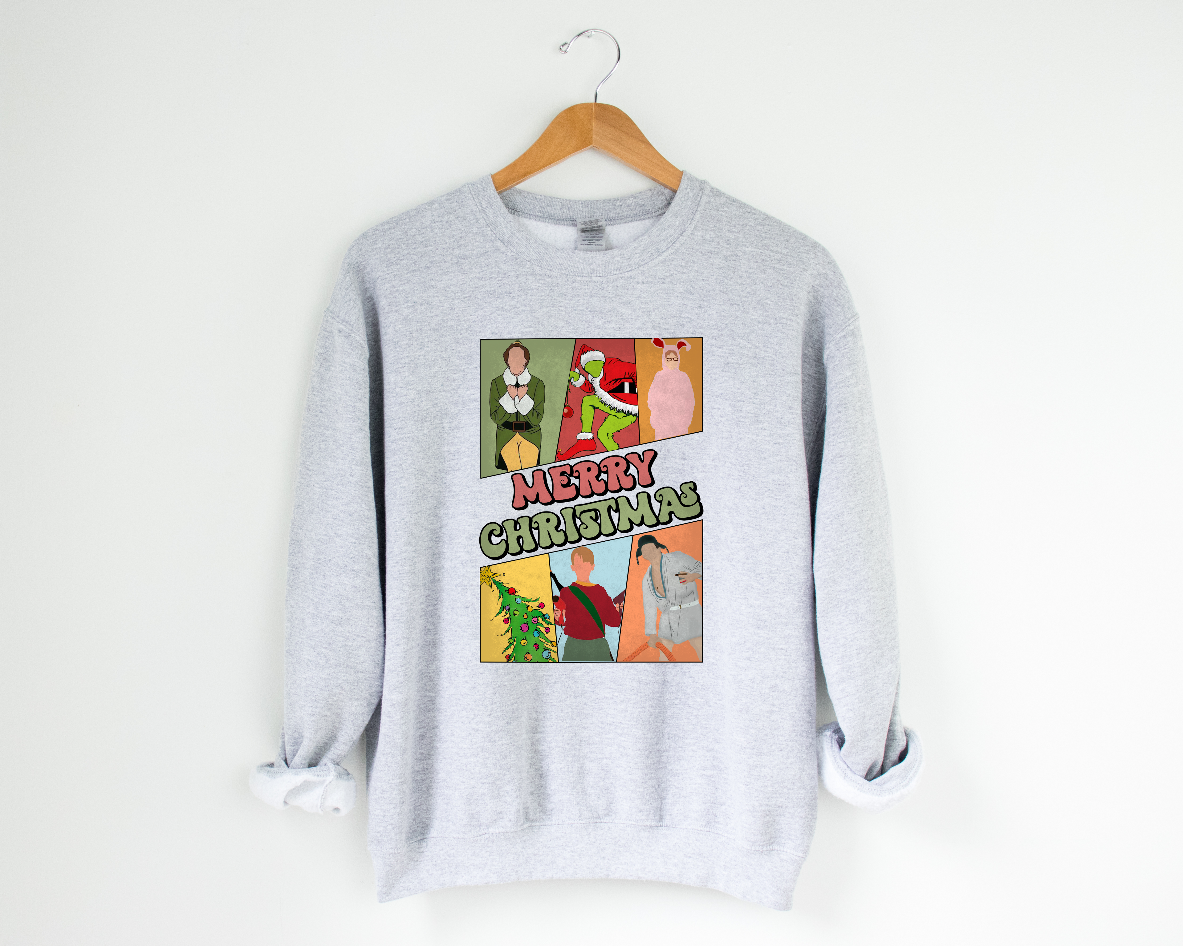 Light gray crewneck sweatshirt with Merry Christmas graphic