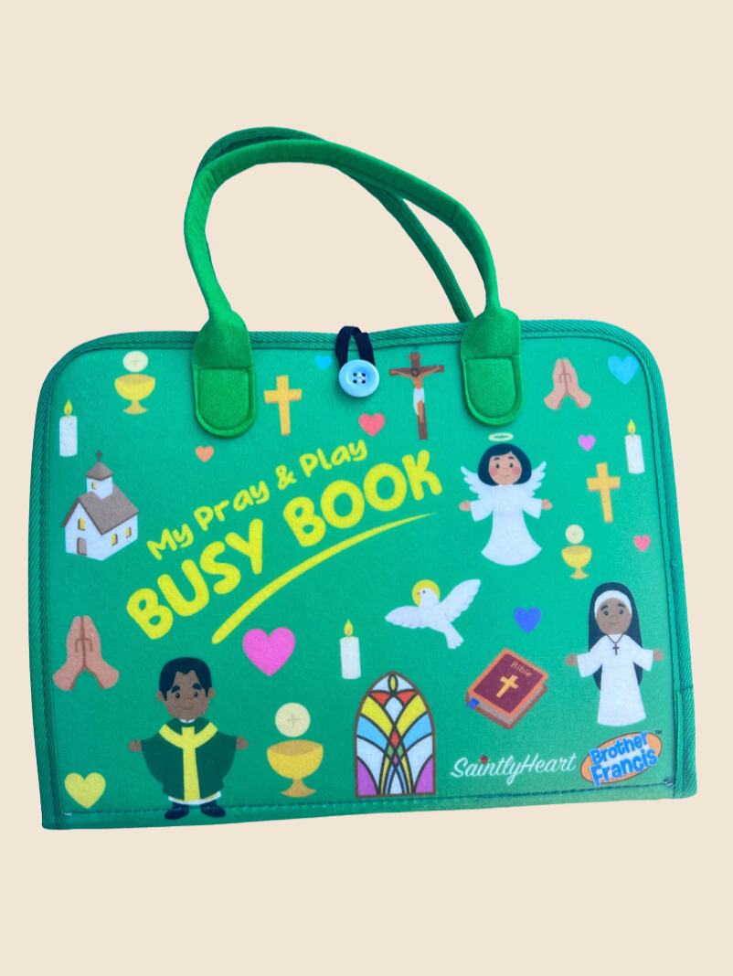 Teal felt busy book with handle, prayer-themed front design with figures and crosses