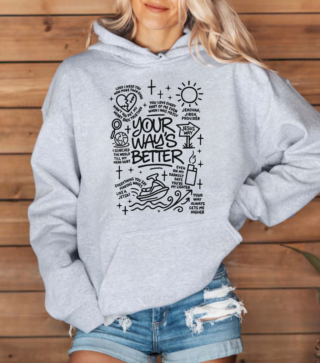 Ash gray hoodie with white cross and text graphic on front kangaroo pocket