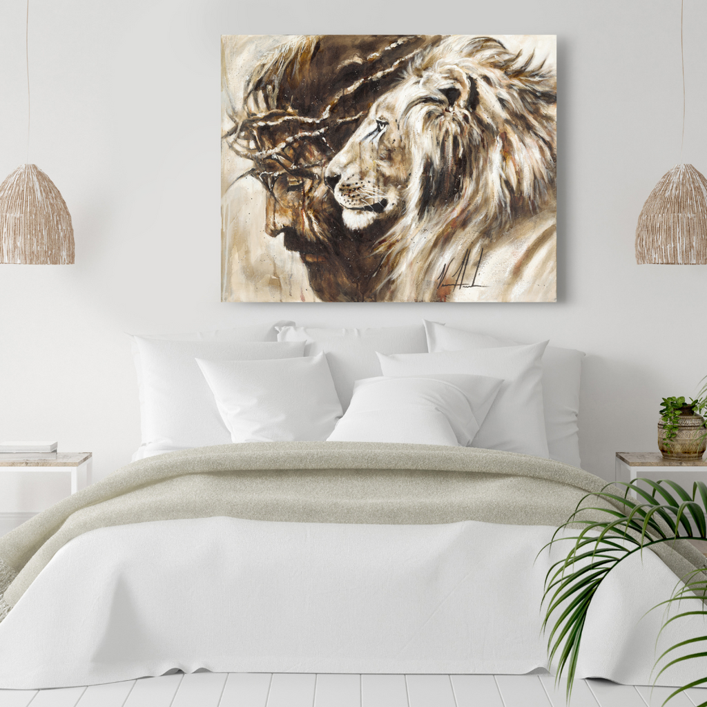 Heaven's Grace lion portrait canvas print above bed in warm gold and brown tones