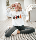 White crewneck Christmas chicken graphic sweatshirt with candy-cane print